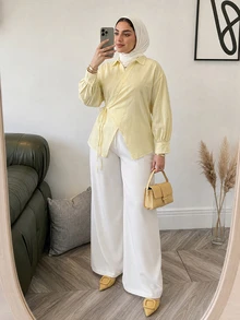 Solavon Plus Size Solid Color Tie-Front Wrap Blouse Office Morning Soft Pastel Fall Elegant Business Casual - Pale Yellow - View 6