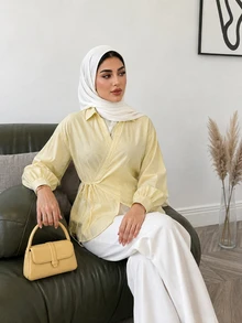 Solavon Plus Size Solid Color Tie-Front Wrap Blouse Office Morning Soft Pastel Fall Elegant Business Casual - Pale Yellow - View 4