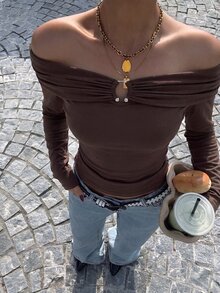 SHEIN 女款秋季新款棉質露肩金屬鈕扣裝飾修身長袖上衣，棕色休閒通勤百搭派對襯衫 - 摩卡棕 - 查看 7