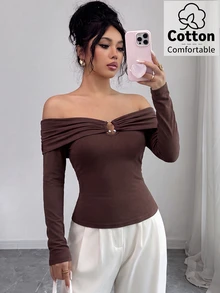 SHEIN 女款秋季新款棉質露肩金屬鈕扣裝飾修身長袖上衣，棕色休閒通勤百搭派對襯衫 - 摩卡棕 - 查看 3
