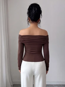 SHEIN 女款秋季新款棉質露肩金屬鈕扣裝飾修身長袖上衣，棕色休閒通勤百搭派對襯衫 - 摩卡棕 - 查看 4