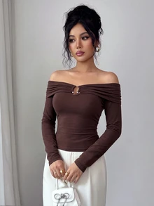 SHEIN 女款秋季新款棉質露肩金屬鈕扣裝飾修身長袖上衣，棕色休閒通勤百搭派對襯衫 - 摩卡棕 - 查看 8