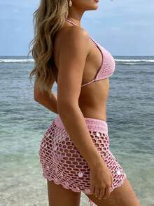 Swim Vcay Women's Summer Vacation Hollow-Out Design Sequin Patchwork Drawstring Cover-Up & Mini Skirt Set - Pink - View 6