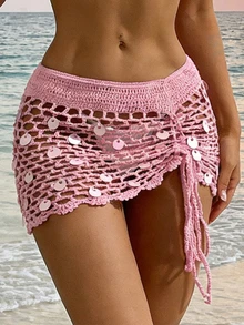Swim Vcay Women's Summer Vacation Hollow-Out Design Sequin Patchwork Drawstring Cover-Up & Mini Skirt Set - Pink - View 4