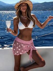 Swim Vcay Women's Summer Vacation Hollow-Out Design Sequin Patchwork Drawstring Cover-Up & Mini Skirt Set - Pink - View 3