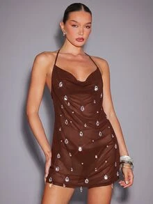 Hauture Women's Sexy Sheer Water Blue Chiffon With Crystal Drop Detail Cow Neck Mini Dress - Brown - View 4