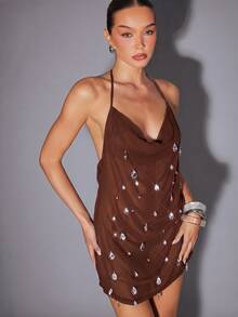 Hauture Women's Sexy Sheer Water Blue Chiffon With Crystal Drop Detail Cow Neck Mini Dress - Brown - View 1