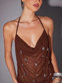Hauture Women's Sexy Sheer Water Blue Chiffon With Crystal Drop Detail Cow Neck Mini Dress - Brown - View 6