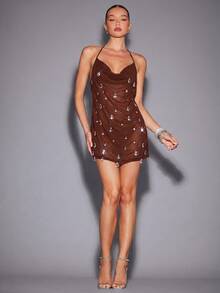 Hauture Women's Sexy Sheer Water Blue Chiffon With Crystal Drop Detail Cow Neck Mini Dress - Brown - View 3