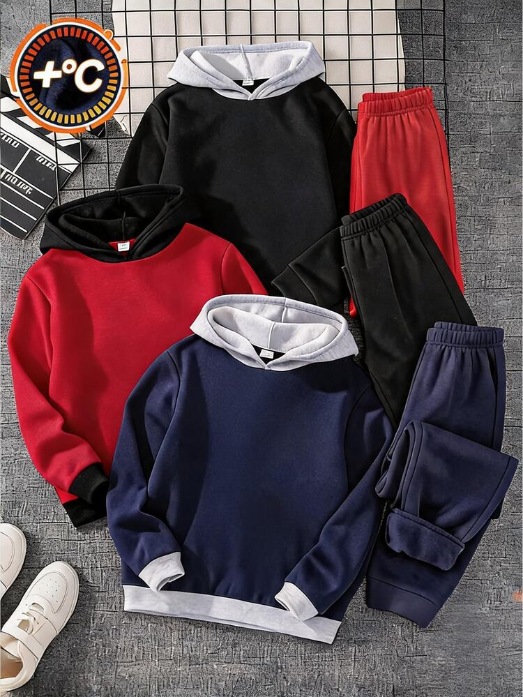 SHEIN 3pcs Kids Tween Boy Hooded Sweatshirt Set, All-Match Casual Versatile For Autumn/Winter - Multicolor - View 1