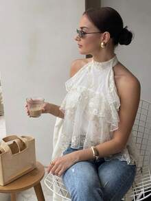 Firerie Blusa de gasa con cuello halter, volantes holgados y diseño asimétrico - Albaricoque - Ver 2