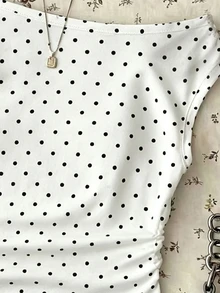 SHEIN Teen Girls Casual Minimalist Fitted Asymmetrical Shoulder Ruched Cropped Top, Suitable For Spring/Summer, Unique Outfit, Daily Wear - White - View 6