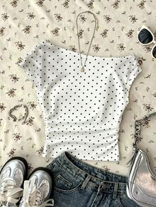 SHEIN Teen Girls Casual Minimalist Fitted Asymmetrical Shoulder Ruched Cropped Top, Suitable For Spring/Summer, Unique Outfit, Daily Wear - White - View 3