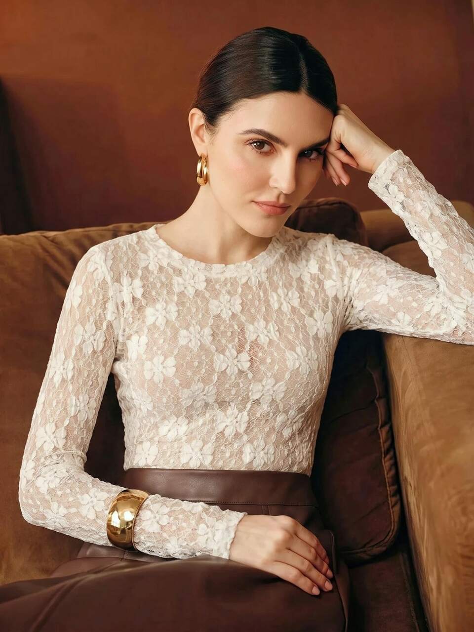 Elegant Romantic Women's White Floral Lace 3D Floral Long Sleeve T-Shirt Top For Date Tea Party Garden Wear Wedding Autumn