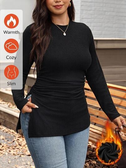 Comfylo Plus Size Casual Solid Color Side Slit T-Shirt, Autumn