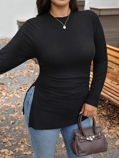 Comfylo Plus Size Casual Solid Color Side Slit T-Shirt, Autumn