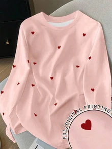 EMERY ROSE Women's Plus Size T-Shirt With Heart-Shaped Pattern, Long Sleeve, Casual Style, Party-Ready Round Ne - Multicolor - View 3
