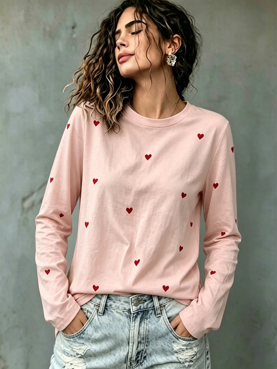 EMERY ROSE Women's Plus Size T-Shirt With Heart-Shaped Pattern, Long Sleeve, Casual Style, Party-Ready Round Ne - Multicolor - View 1