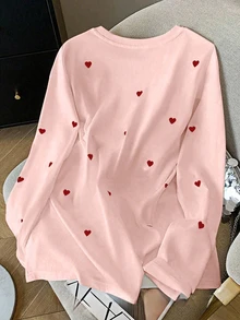 EMERY ROSE Women's Plus Size T-Shirt With Heart-Shaped Pattern, Long Sleeve, Casual Style, Party-Ready Round Ne - Multicolor - View 2