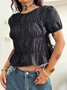 Coolane 女款夏季演唱會風百褶抓皺綁帶側開衩白色圓領短袖黑色襯衫 - 黑色 - 查看 5