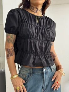 Coolane 女款夏季演唱會風百褶抓皺綁帶側開衩白色圓領短袖黑色襯衫 - 黑色 - 查看 3