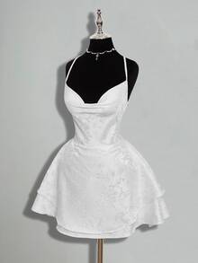 SHEIN ICON Jacquard Fabric Backless Tie-Up Mini Dress - White - View 4