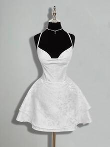 SHEIN ICON Jacquard Fabric Backless Tie-Up Mini Dress - White - View 1