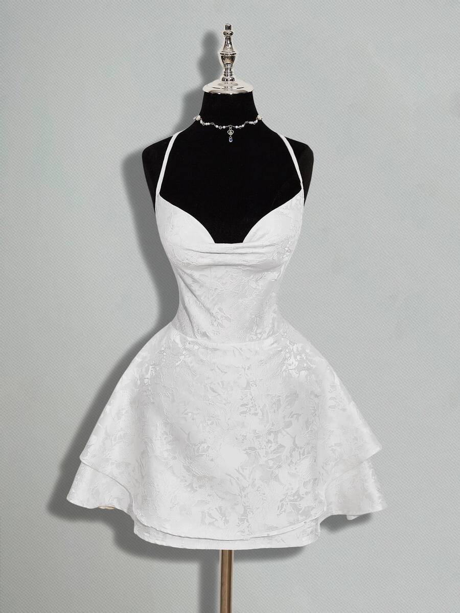 SHEIN ICON Jacquard Fabric Backless Tie-Up Mini Dress - White - View 1