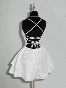 SHEIN ICON Jacquard Fabric Backless Tie-Up Mini Dress - White - View 8