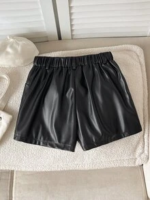 SHEIN Tween Girl Black Woven Solid Color Fitted Casual PU Leather Shorts With Pockets - Black - View 2