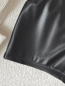 SHEIN Tween Girl Black Woven Solid Color Fitted Casual PU Leather Shorts With Pockets - Black - View 5