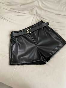 SHEIN Tween Girl Black Woven Solid Color Fitted Casual PU Leather Shorts With Pockets - Black - View 1
