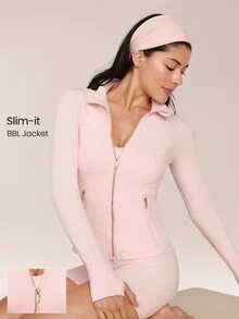 GLOWMODE FeatherFit™ Slim-It Streamline Performance Secure Pockets Zip Up Long Sleeve Jacket Low Impact Yoga Pilates Daily Fall - Baby Pink - View 1