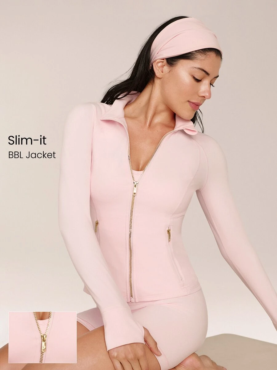 GLOWMODE FeatherFit™ Slim-It Streamline Performance Secure Pockets Zip Up Long Sleeve Jacket Low Impact Yoga Pilates Daily Fall - Baby Pink - View 1