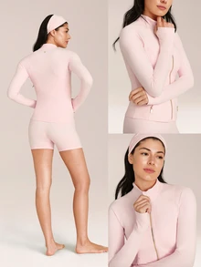 GLOWMODE FeatherFit™ Slim-It Streamline Performance Secure Pockets Zip Up Long Sleeve Jacket Low Impact Yoga Pilates Daily Fall - Baby Pink - View 6
