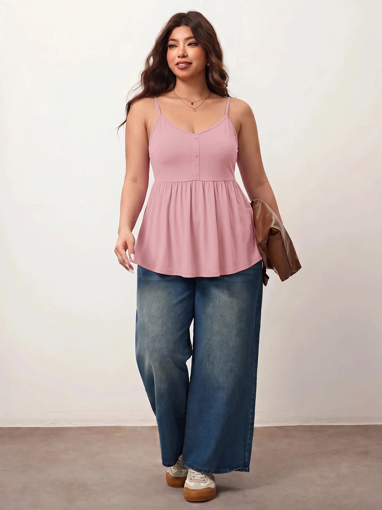 Enliva Plus Size Women's Summer Casual Comfortable Slimming Short Sleeve Cinched Waist Pink Camisole Curved Top Clothing Minimalist Style Doll Blouse Formal - Pink - View 8