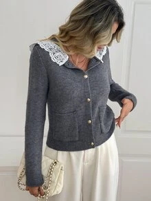 Fine & Folde Women's Sailor Collar Contrast Lace Single-Breasted Cardigan - Grey - View 6