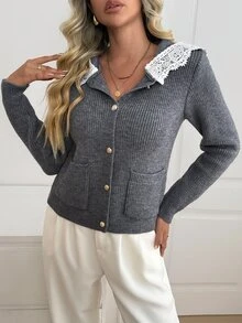 Fine & Folde Women's Sailor Collar Contrast Lace Single-Breasted Cardigan - Grey - View 3