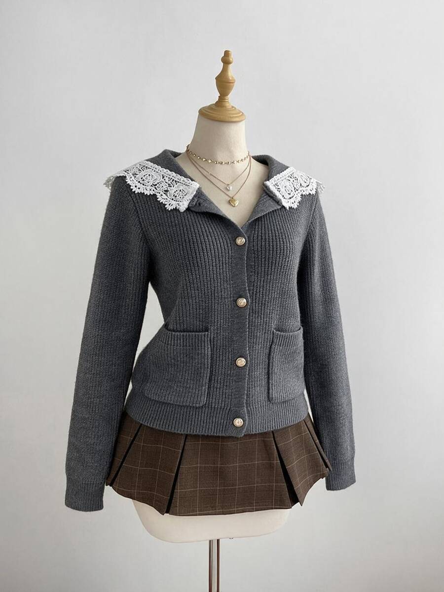 Fine & Folde Women's Sailor Collar Contrast Lace Single-Breasted Cardigan - Grey - View 1
