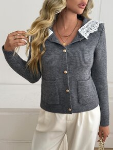 Fine & Folde Women's Sailor Collar Contrast Lace Single-Breasted Cardigan - Grey - View 7