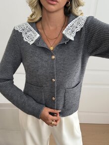Fine & Folde Women's Sailor Collar Contrast Lace Single-Breasted Cardigan - Grey - View 5