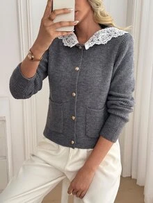 Fine & Folde Women's Sailor Collar Contrast Lace Single-Breasted Cardigan - Grey - View 4