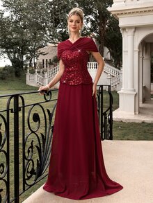 Poshira Women's Elegant Pleated Waist-Cinched Evening Party Dress - Burgundy - View 5