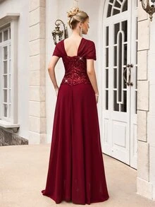 Poshira Women's Elegant Pleated Waist-Cinched Evening Party Dress - Burgundy - View 2