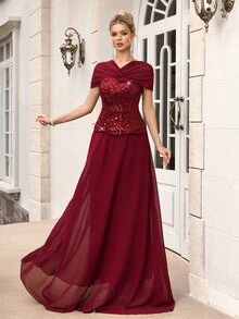 Poshira Women's Elegant Pleated Waist-Cinched Evening Party Dress - Burgundy - View 3