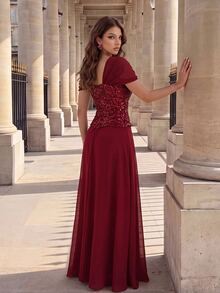 Poshira Women's Elegant Pleated Waist-Cinched Evening Party Dress - Burgundy - View 8