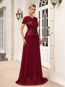 Poshira Women's Elegant Pleated Waist-Cinched Evening Party Dress - Burgundy - View 4