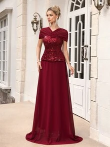 Poshira Women's Elegant Pleated Waist-Cinched Evening Party Dress - Burgundy - View 1