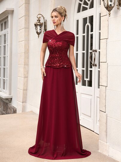 Poshira Women's Elegant Pleated Waist-Cinched Evening Party Dress