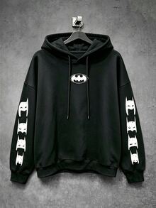 BATMAN X SHEIN Manfinity EMRG Men's Bat Print Long Sleeve Casual Hoodie Sweatshirt - Black - View 1